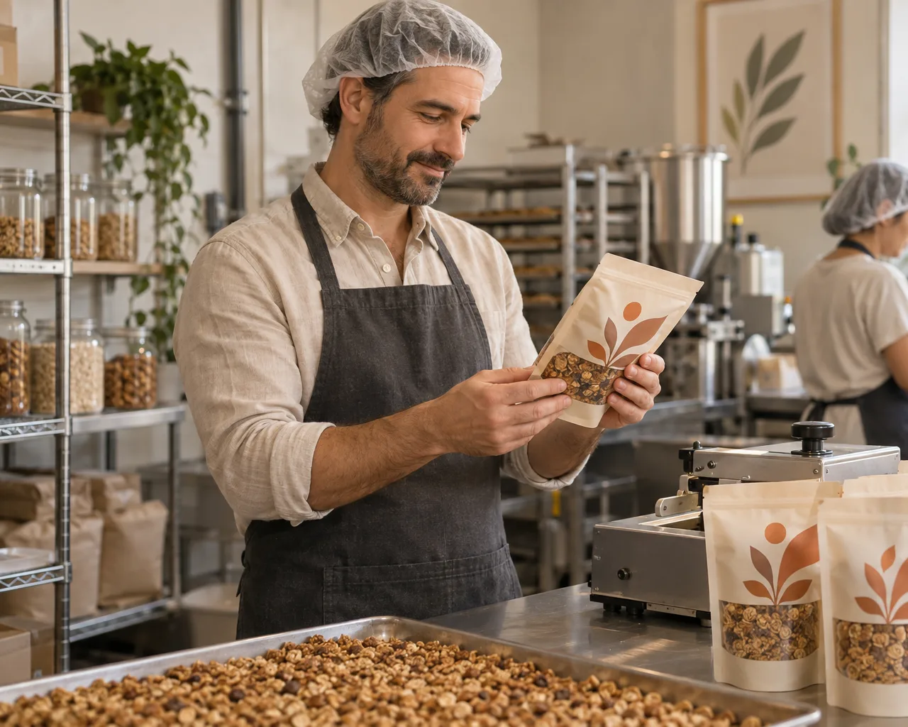 A man in an apron and hairnet inspects a sealed pouch of granola in a small production kitchen, with more filled pouches and a tray of nuts on the steel table.