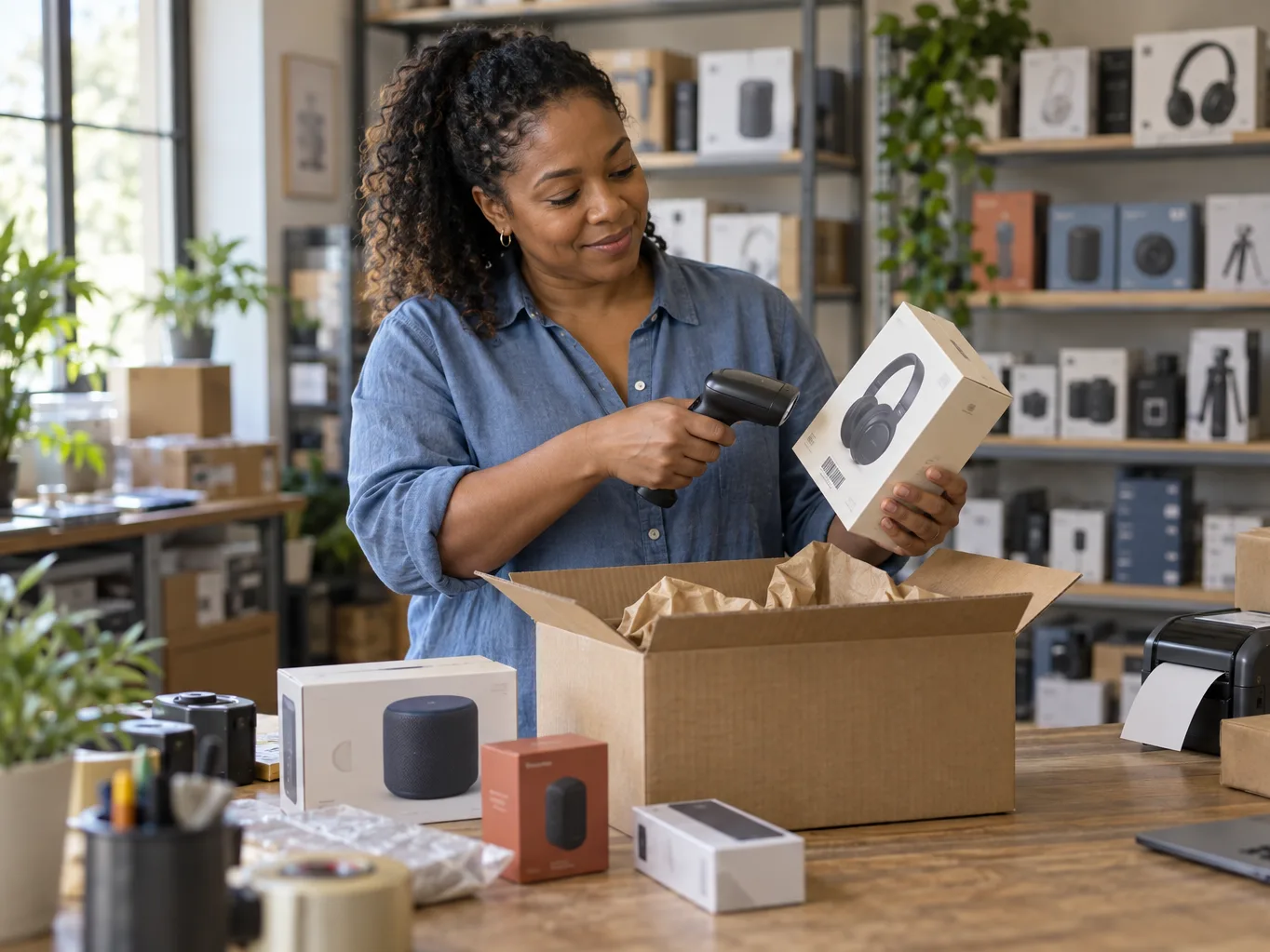 A woman scans the barcode on a boxed pair of headphones over an open shipping carton, at a packing bench backed by shelves of consumer electronics in their retail boxes.