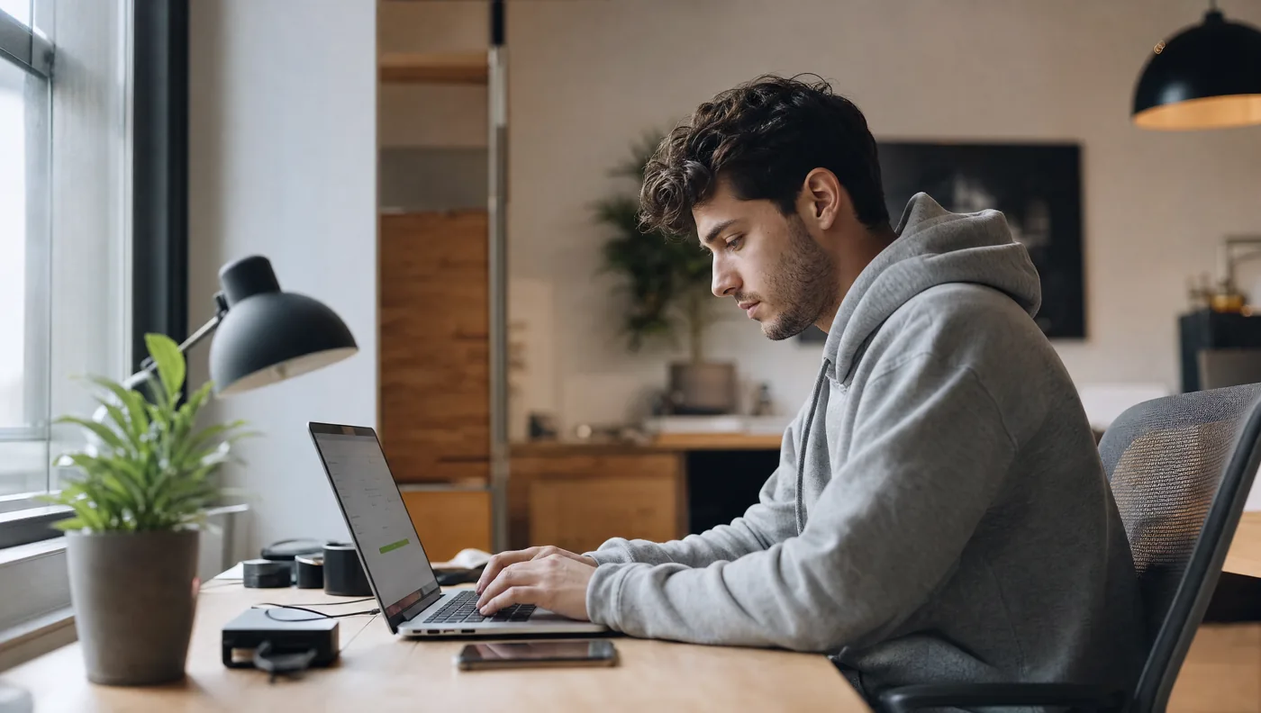 A SaaS founder working at a laptop